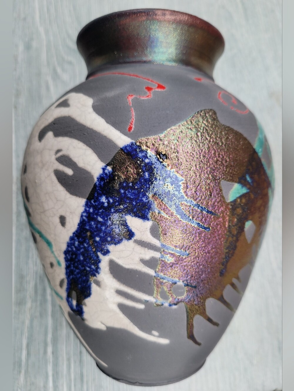 Raku Pottery Studio VTG Signed Harry Hearne Vase Abstract Turqouise Metallic Art